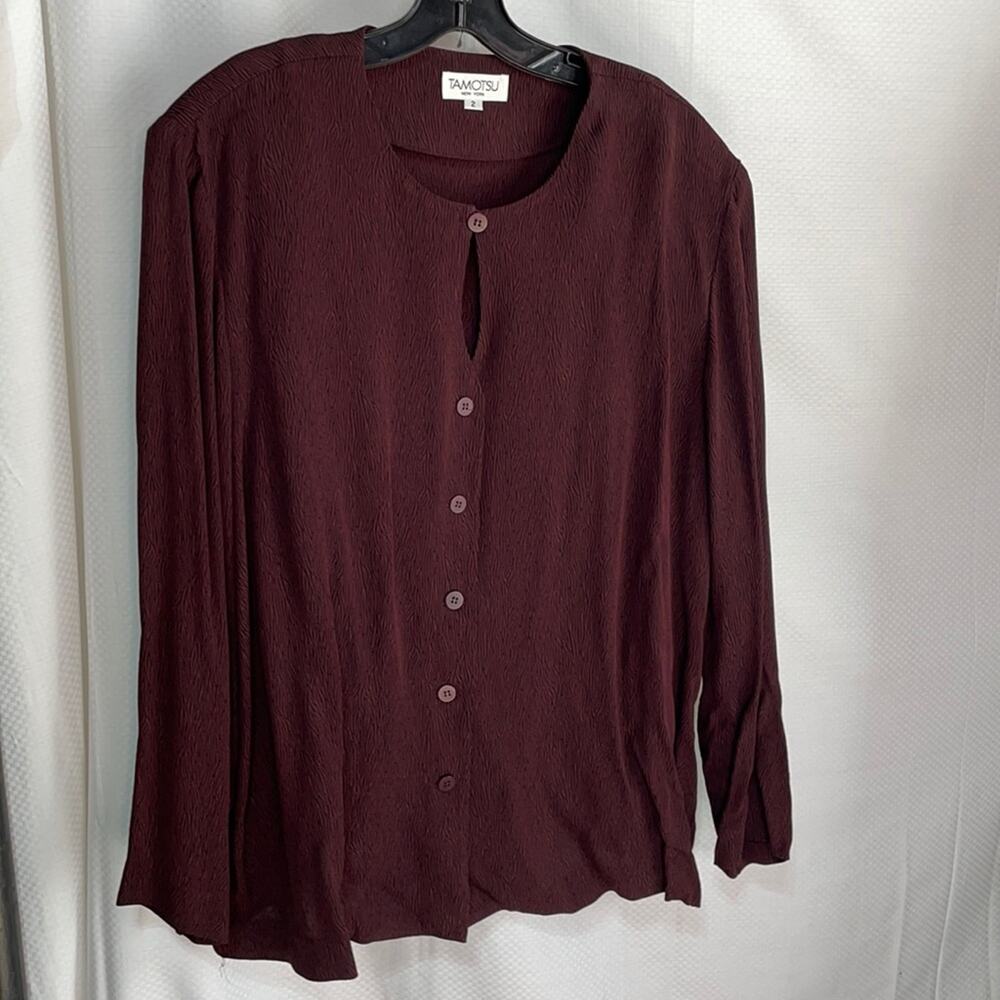 Tamotsu 2x deep burgundy black repeating print viscose blend vintage blouse euc